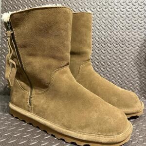Bearpaw Women’s Suede Shearling Boots Tan Size 10 Zip Mid Calf Winter Warm Fur